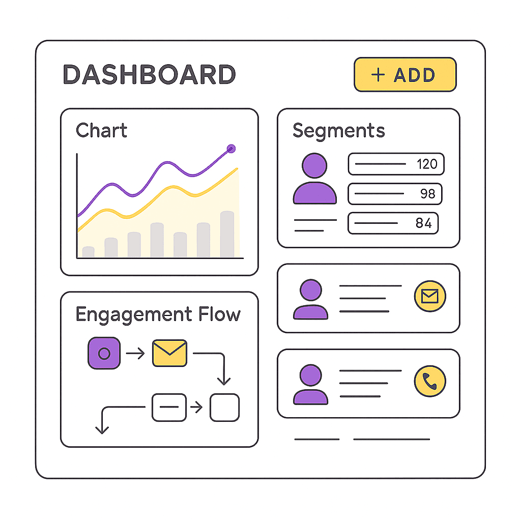 Stylised CRM interface with engagement flow and customer segments, representing marketing automation and digital product leadership