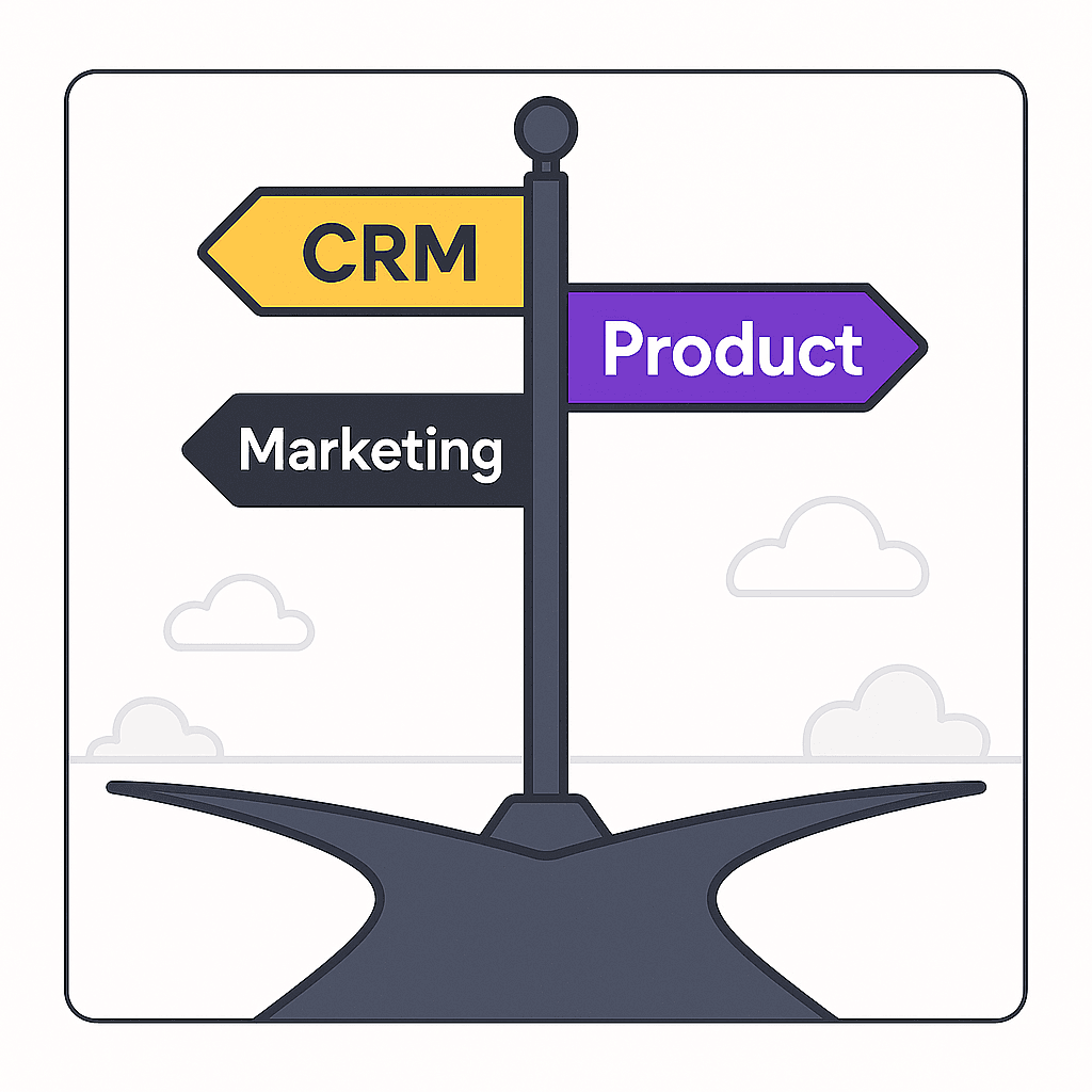 Stylised crossroads signpost representing CRM, Product, and Marketing career directions, in a modern flat design using Ted Todorov’s website colour palette.